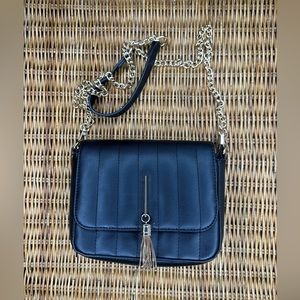 Black Leather Chain Bag with Tassel.